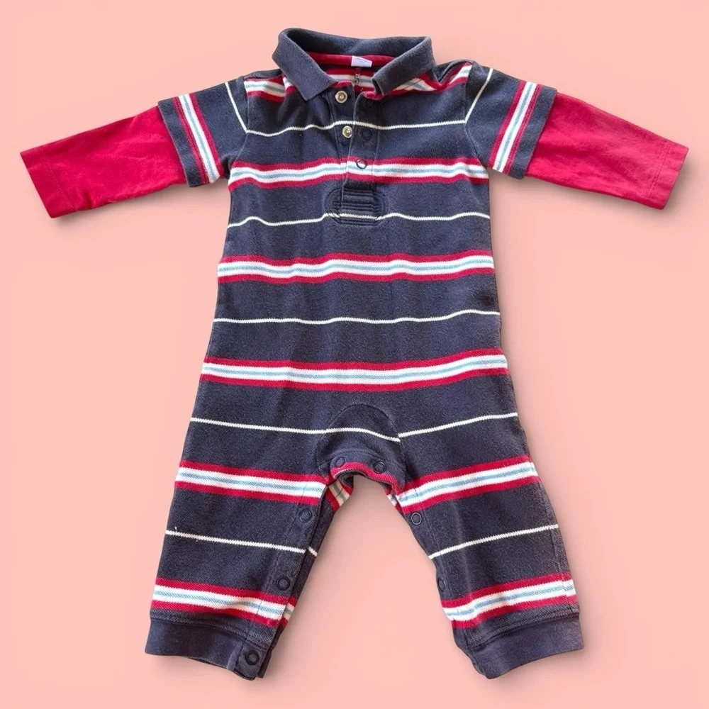 Vintage LAND’S END 3-6 Month Polo Striped Jumpsuit Layered Long Sleeves Snaps